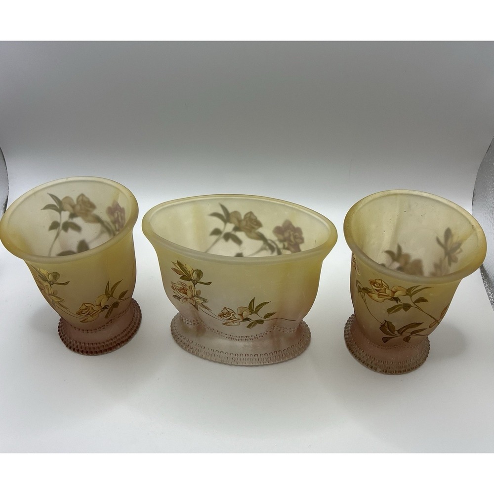 Croscill Ridgewood Frosted Pink Rose Floral Toothbrush Holder and Cups Bath Set